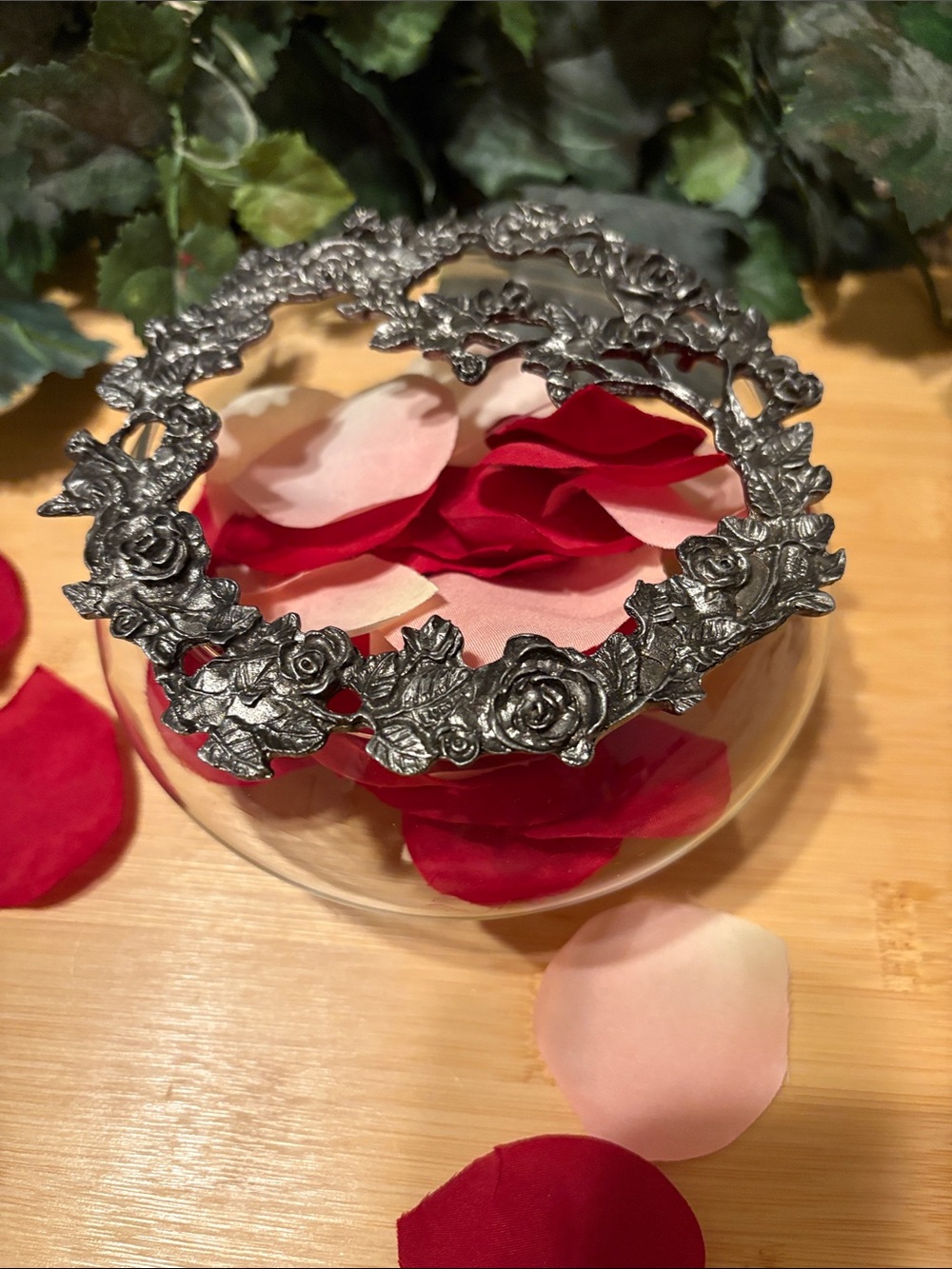 Vintage Floral Pewter Potpourri Bowl Accent - Rose Motif